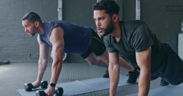 Fitnessstudio Mann Und Personal Trainer Planken Mit Hantel Zusammen Für — Stockvideo