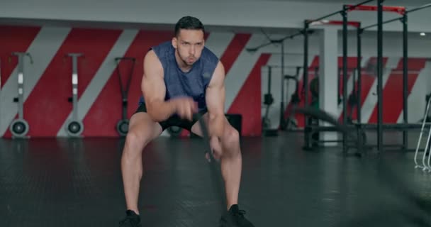Fitness Energia Człowiek Liną Treningu Mięśni Siłowni Skupienie Moc Silnym — Wideo stockowe