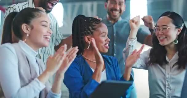 Success High Five Business People Applause Laptop Target Achievement Goal — 비디오