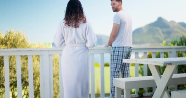 View Vacation Honeymoon Couple Morning Standing Balcony Scenic Accommodation Coffee — Stok video