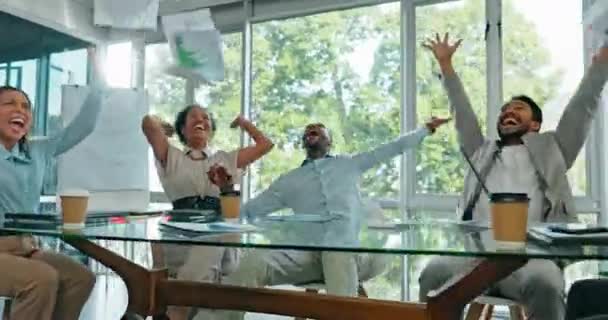 Celebration Teamwork Business Meeting Documents Air Motivation Diversity Excited Celebrating — Stockvideo