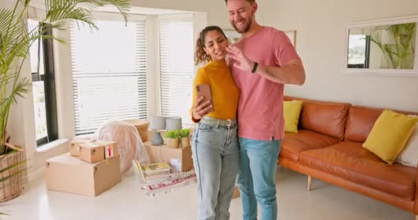 Video Call Real Estate Couple Showing New House Happy Excited — Stockvideo