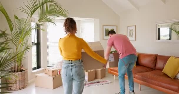 Property Moving Couple Box New Home Apartment House Celebration Hug — Vídeos de Stock