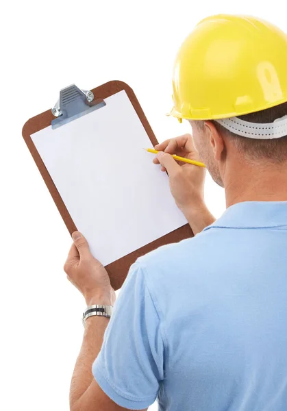 Clipboard space, construction worker and man isolated on a white background for inspection or engineering checklist. Builder, contractor or project manager person with paper writing mockup in studio.