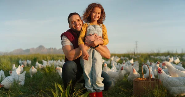 Man with girl, happy chicken farmer and organic livestock sustainability farming planning for healthy harvest. Child smile at dad, sustainable egg farm and free range eco friendly poultry agriculture.