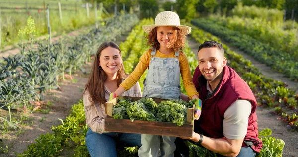 Plant, vegetables and happy family on a farm farming agriculture growth, natural and organic healthy food. Mother, father and child with a big smile from learning harvesting and nature sustainability.
