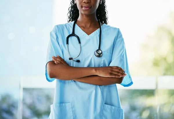 Healthcare Leadership African Doctor Crossed Arms Stethoscope Standing Garden Confidence — Stock Photo, Image