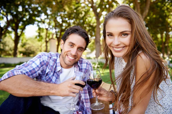 Couple portrait, wine or love toast on picnic date, valentines day or romance bonding in nature park or garden. Smile, happy woman or man and alcohol drinks glass for marriage anniversary celebration.