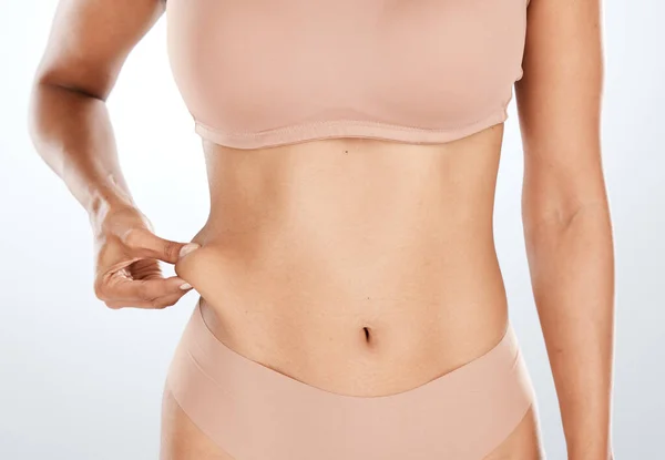 Modelo Mano Celebración Grasa Del Estómago Para Liposucción Pérdida Peso — Foto de Stock