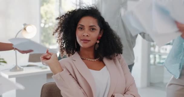 Black Woman Boss Office Paper Fan Team Hands Serious Face — Stockvideo