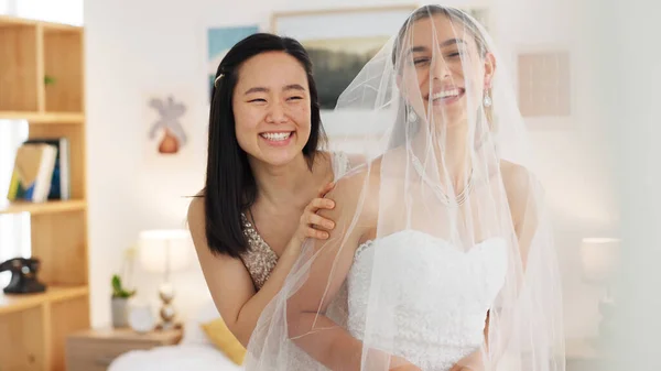 Wedding veil of woman with friends help in dressing room. Happy people, women love and bridesmaid support or helping bride with fitting designer fabric on her head for beauty, marriage and happiness.