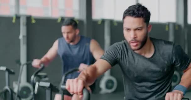 Exercise Bike Workout Sweating Man Athlete Gym Cardiovascular Fitness Elliptical — Stock video