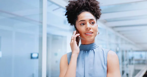 Corporate woman, smartphone and call while listening in office, thinking and vision in consulting job. Black woman, phone call and listen to conversation, idea or offer on network for finance company.