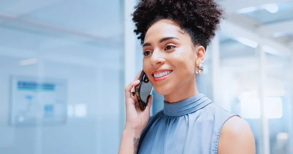 Business phone call, startup networking and black woman with phone communication, creative smile and vision for company. Comic conversation, mobile discussion and worker planning on a smartphone.