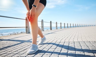 Sports athlete, knee pain or red glow by beach fitness, ocean workout or sea training in healthcare wellness crisis. Legs injury, hurt or body stress for woman in abstract burnout on medical anatomy.