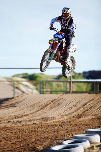His Way Becoming Champion Motocross Rider Mid Air Jump — Stock Photo, Image