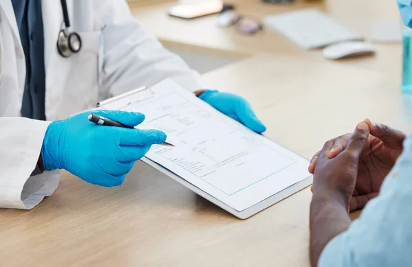 Hands Doctor Holding Clipboard Wearing Gloves Closeup Doctor Talking Patient — ストック写真