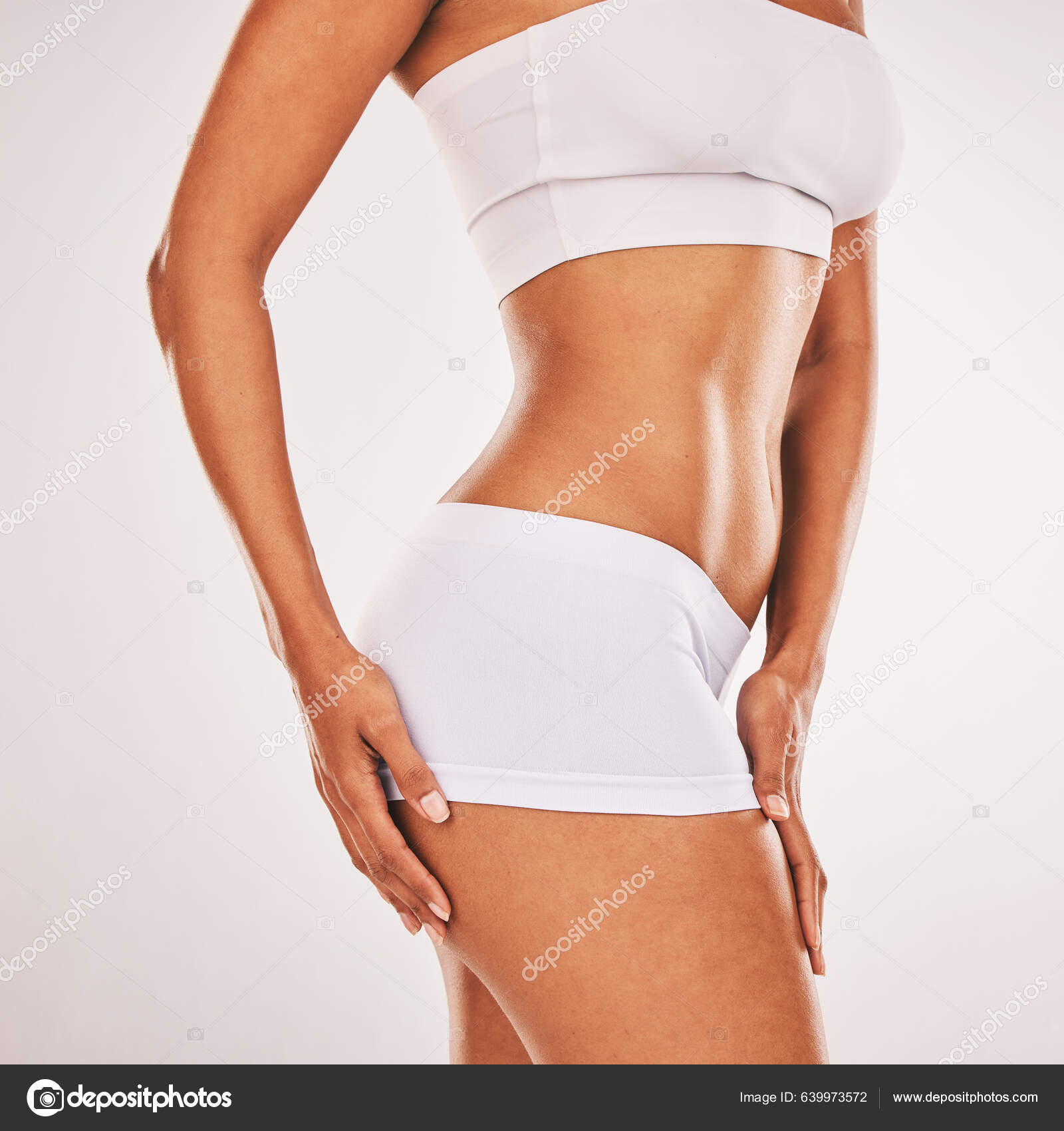 Cellulite Butt Underwear Model Black Woman Studio Gray Background