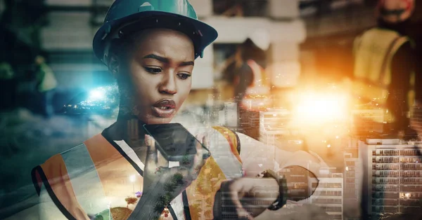 Engineering, black woman and phone with city overlay for time management communication and development. Civil engineer, technician or construction leader with safety helmet for future architecture.