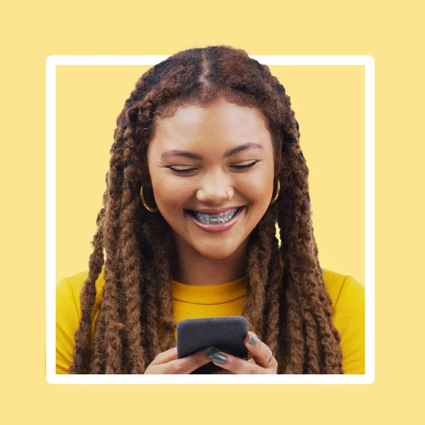 Frame, black woman and smartphone for social media, online reading and smile on studio background. Border, African American female and girl with cellphone, connection and typing for text and chatting.