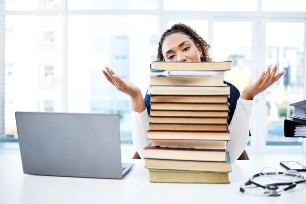 Woman, portrait or books stack in hospital research, medical student study or medicine scholarship in shrugging emoji. Nurse, doctor or healthcare university notebook and laptop or learning questions.