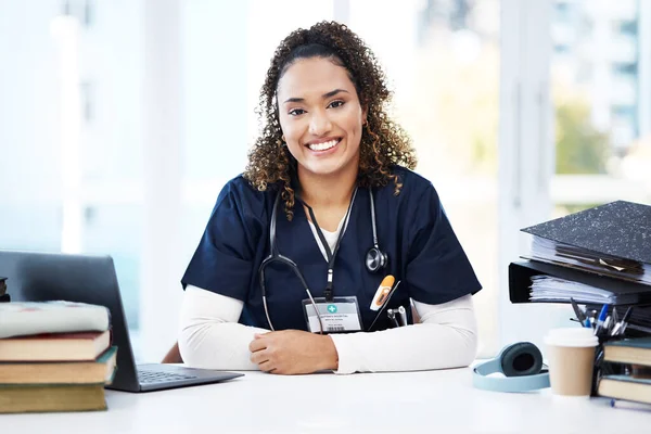 Nurse, portrait or laptop with medical student books, research education studying or hospital learning university. Smile, happy or healthcare woman with technology in scholarship medicine internship.