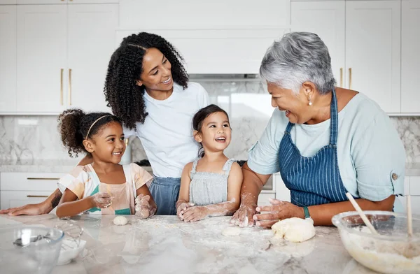 Cooking dough, learning and family with kids in kitchen baking dessert or pastry. Education, care and mother and grandma teaching sisters or children how to bake, bonding and laughing at comic joke