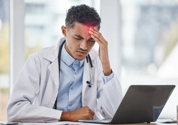 Headache, burnout or doctor man on laptop with stress from depression, mental health or anxiety medical feedback. Tired, mental health or sad nurse frustrated, depressed or pain from medicine report.