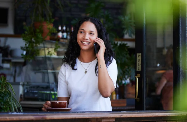 Phone Call Coffee Woman Cafe Talking Chatting Speaking Contact Online — Foto Stock