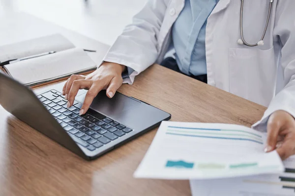 Hands, doctor on laptop or woman reading online medical research data, email or healthcare medicine report. Science, documents or paper on tech for hospital schedule, surgery agenda or compliance.