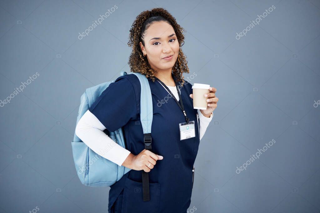 Nurse, portrait or backpack for medical student, hospital internship or medicine university on isolated wall mockup. Smile, happy or doctor and coffee, ideas or healthcare goals for woman learning.