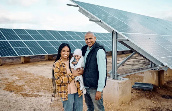 Black family, children or solar energy with a baby, mother and father on a farm together for sustainability. Kids, love or electricity with man, woman and girl infant bonding outdoor for agriculture.