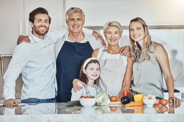 Love, kitchen portrait and big family cooking, bonding and enjoy quality time together in Sydney Australia. Holiday vacation, food ingredients and happy reunion of children, parents and grandparents.