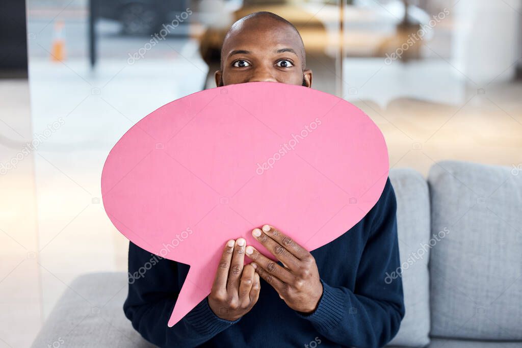 Portrait surprise, wow and black man with speech bubble for social media, vote or review. Mockup, shocked and male employee with chat sign for opinion, mock up or advertising, marketing or feedback
