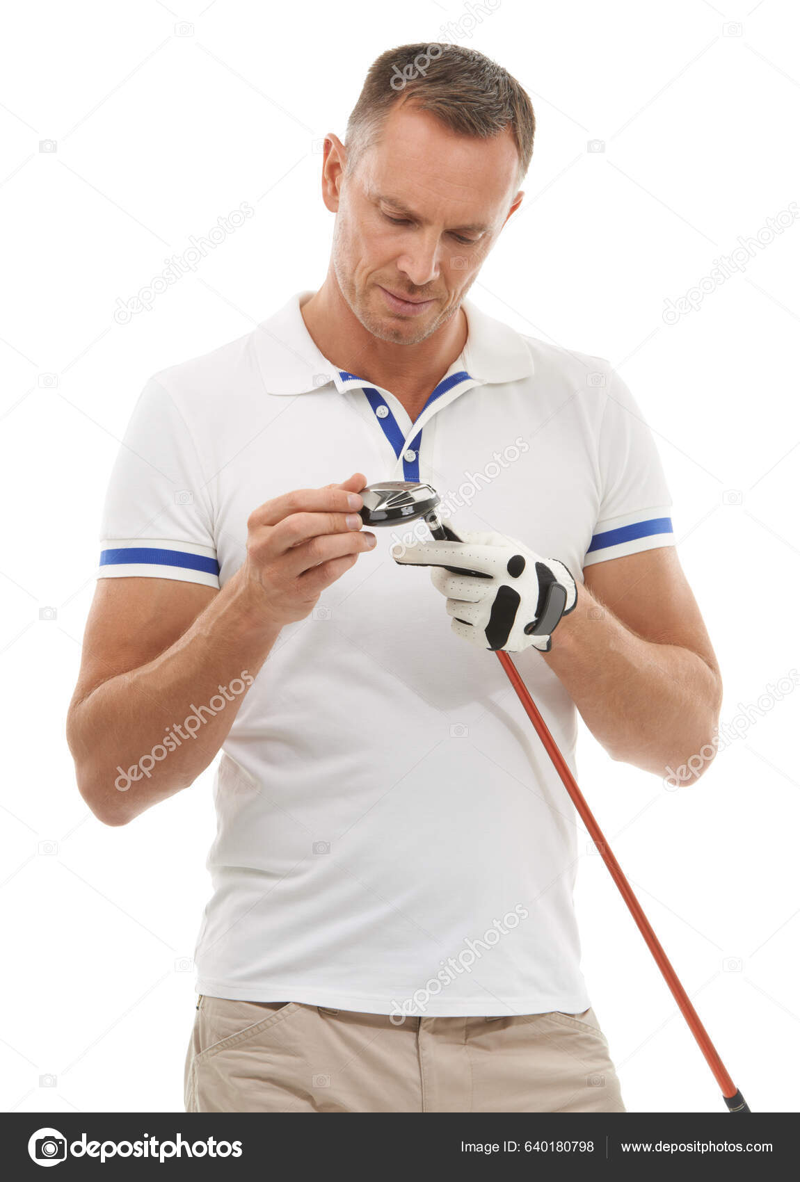 Sport Golf Mann Und Inspektion Des Schlägers Studio Isoliert Auf