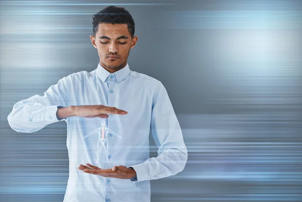 Doctor, body hologram and medical ai graphic with an Indian man holding futuristic hospital data. Mock up, healthcare worker and professional wellness consultant with digital anatomy information.