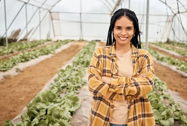 Black woman, farmer smile in portrait with agriculture and farming in greenhouse, sustainability with crop harvest. Environment, farm and fresh vegetable produce, green and eco friendly production.