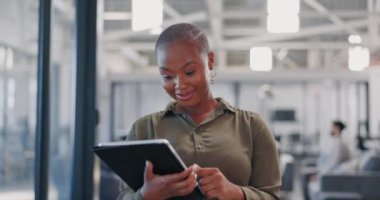 Research, analysis and black woman with a tablet for social media management at a startup. Website, contact and African employee reading information on technology for connection, email and search.