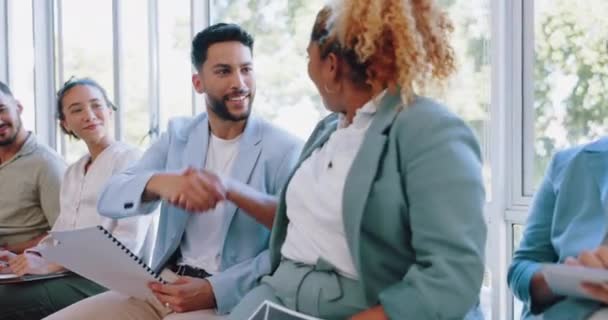 Recruitment Handshake Business People Networking Job Interview Waiting Room Happy — Vídeo de stock