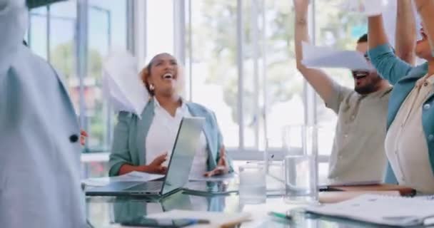 Business Meeting Celebration Winning Team Documents Paper Air Success High — Stock video