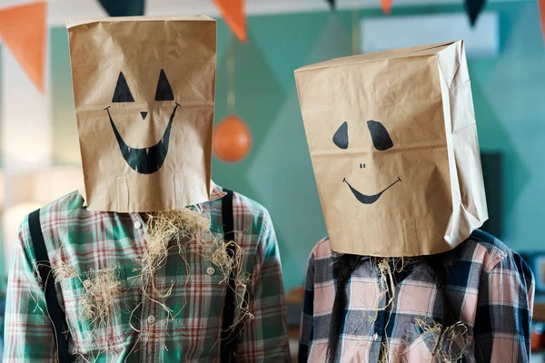Partners in crime for life. a young couple with paper bags over their heads at home