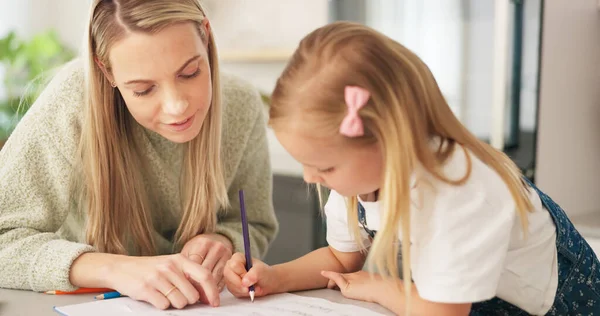 Education, mother and learning child writing or drawing for kindergarten school homework or project in a house. Support, development and mama helping or working with a smart and creative girl student.