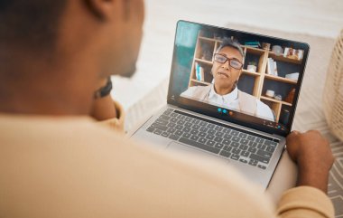 Laptop, video call and mental health with virtual counseling consultation, doctor and patient with communication Psychologist, depression and people talk of trauma and anxiety, support and trust.