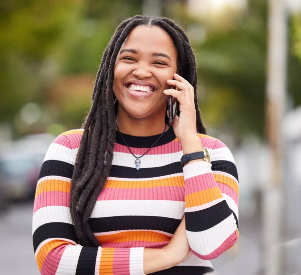 Black woman, phone call and smile in city, happiness and conversation for outdoor travel. Happy urban female talking on mobile, communication and smartphone technology of online networking connection.