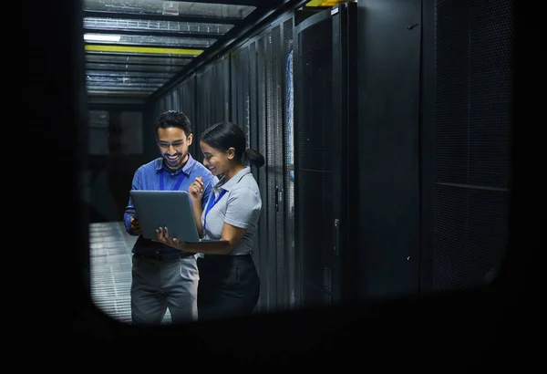 stock image Server room, technician people and laptop for software management, system upgrade or cyber security. Teamwork, data center and engineer or programmer employees, information technology and programming.