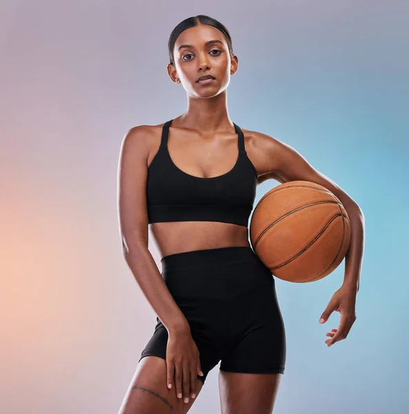 Portrait, body and basketball of black woman isolated on gradient background workout, training and exercise. Confident Indian athlete, person or model in studio for fitness goals, focus and fashion.