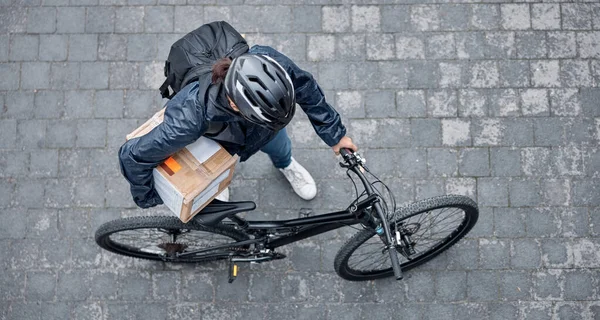 Delivery Package Man Bicycle Box Street Consumer Order City Transport — Stock Fotó
