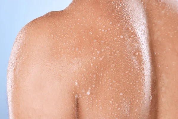 Water drop, skincare and back of man in studio for cleaning, body care or cosmetic on blue background. Shower, skin and guy wellness model relax in luxury, moisture and gentle, cleansing or treatment.