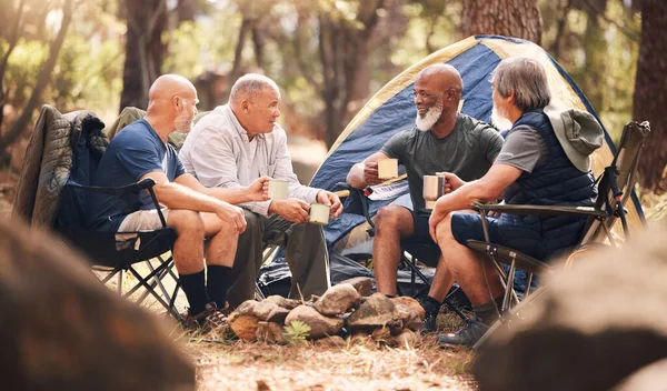 Man, friends and camping in nature for holiday travel, getaway or summer vacation together by tent in forest. Group of elderly men relaxing on camp chairs with drink and enjoying day in the outdoors.