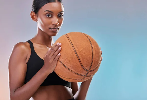 Basketball portrait, sports and training woman ready for workout challenge, practice game or fitness competition. Performance studio, health exercise or mockup athlete isolated on gradient background.